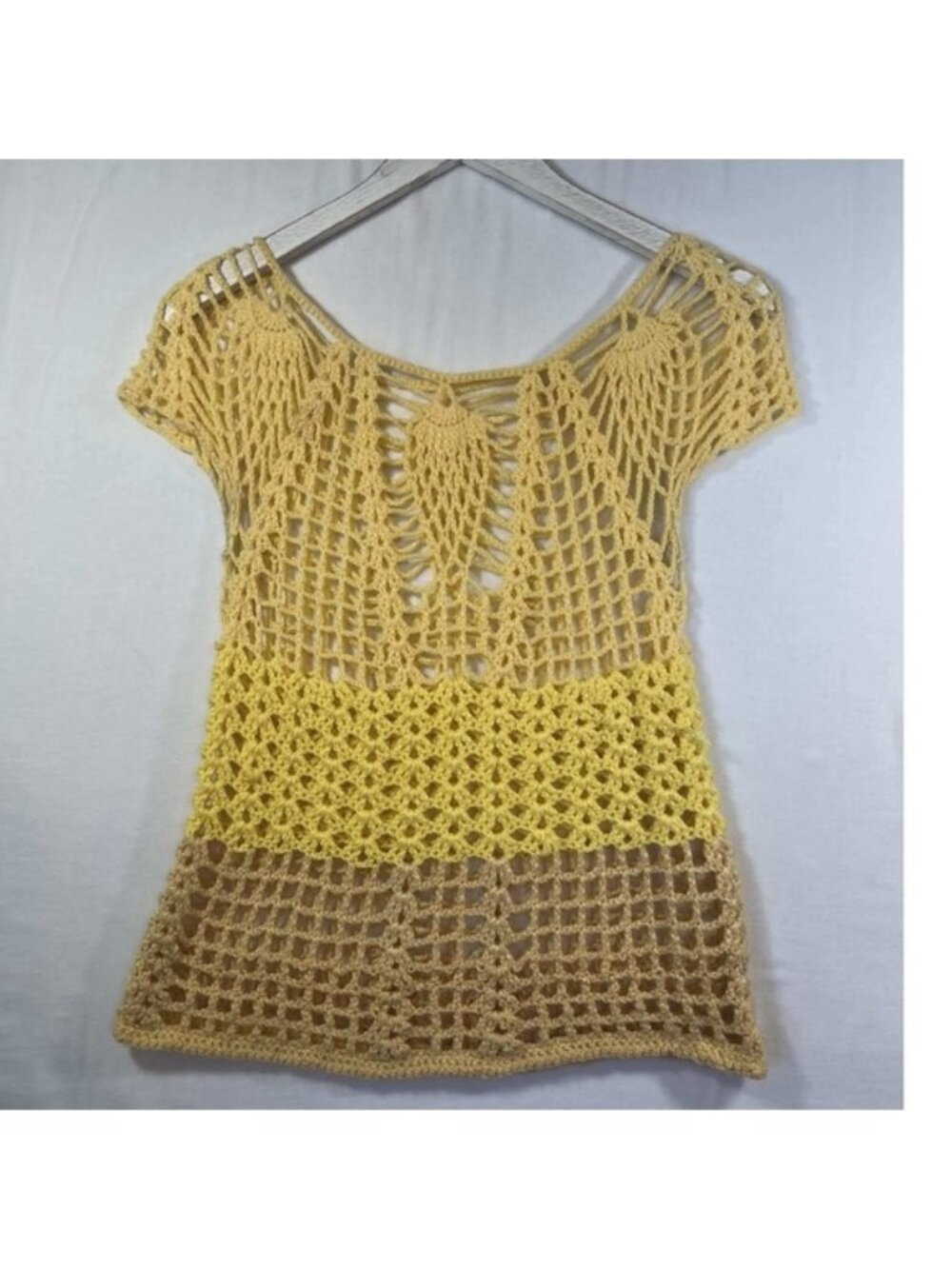 Handmade Crochet Knit‎ Ombre Boho Top Yellow Tan Pineapple Stitch Cap Sleeve